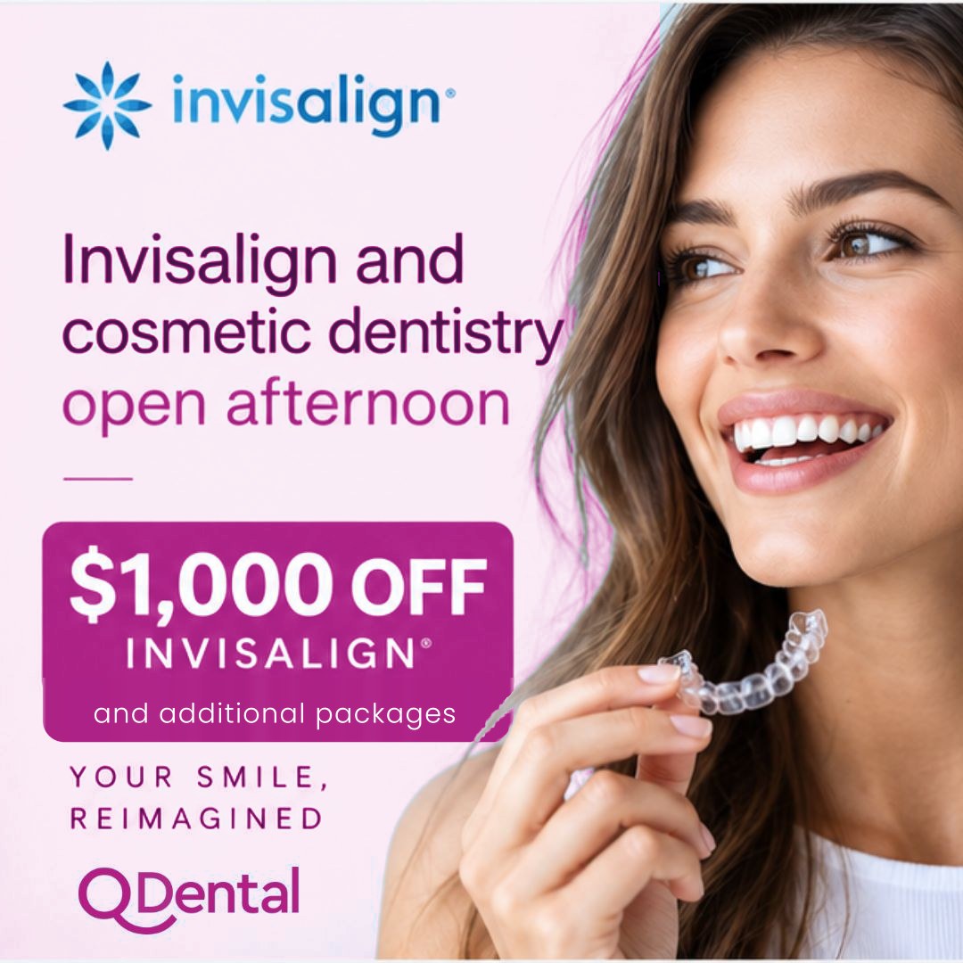 Invisalign and cosmetic dentistry open afternoon at Q Dental. $1,000 off Invisalign and additional packages. Your smile, reimagined.